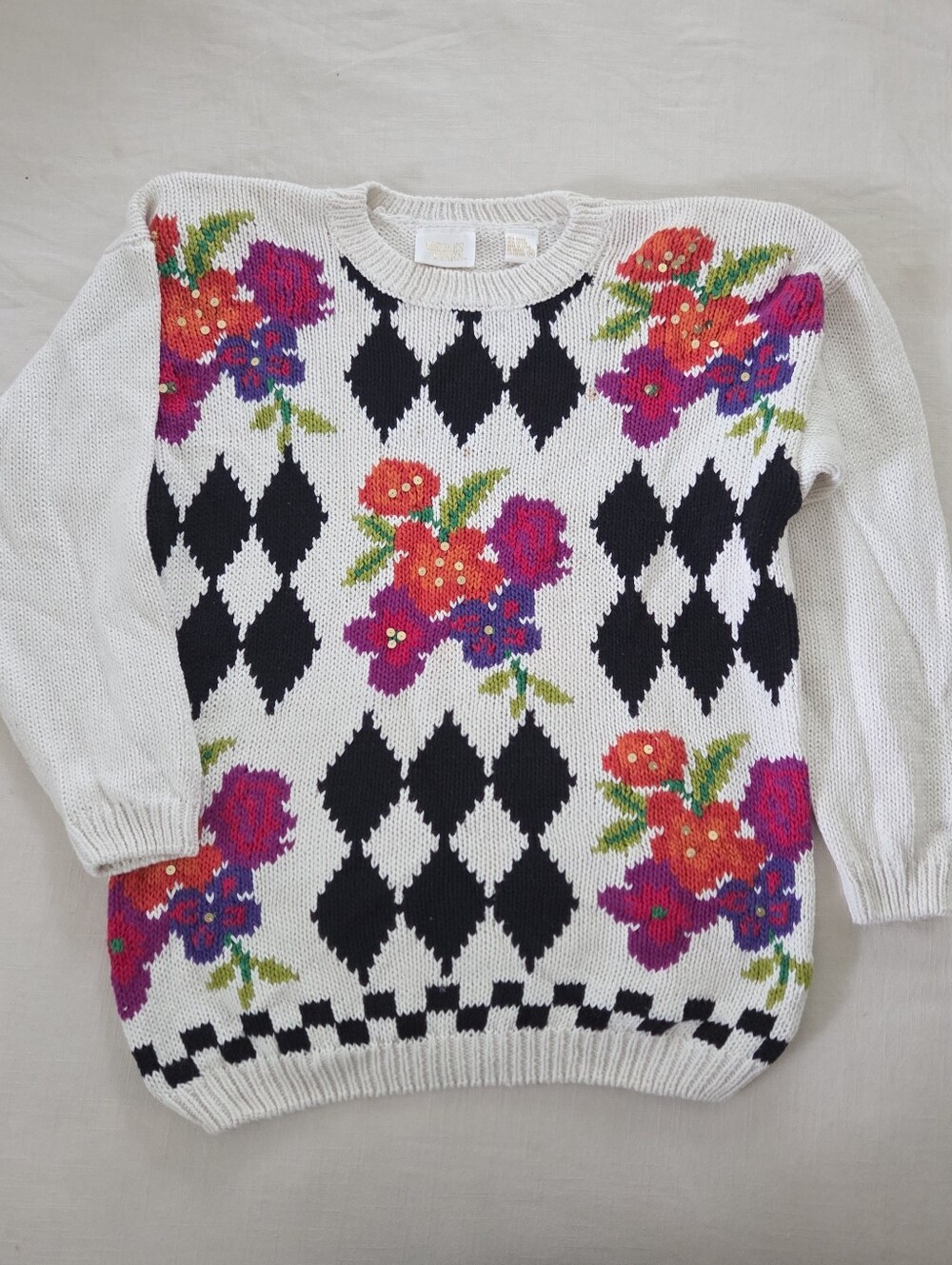 Vintage White Knit Crewneck Sweater Black Diamond Argyle Floral Medium Womens